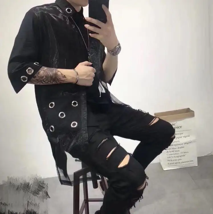 

Tide Summer clothes new Men Fake Two-piece Mid Sleeve Hoop Decorative Stitching male Fashion jackets Long Shirt Outerwear