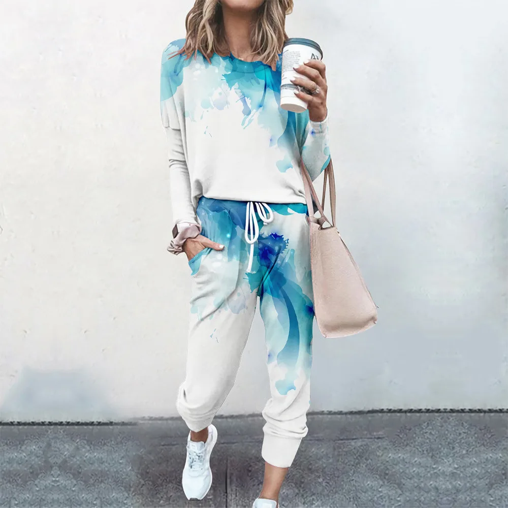 2 Piece Set Women Tracksuit Loose Comfortable Simple Style Print Long Sleeve Casual Suit Clothes 2021 Ladies Tops Spring Autumn