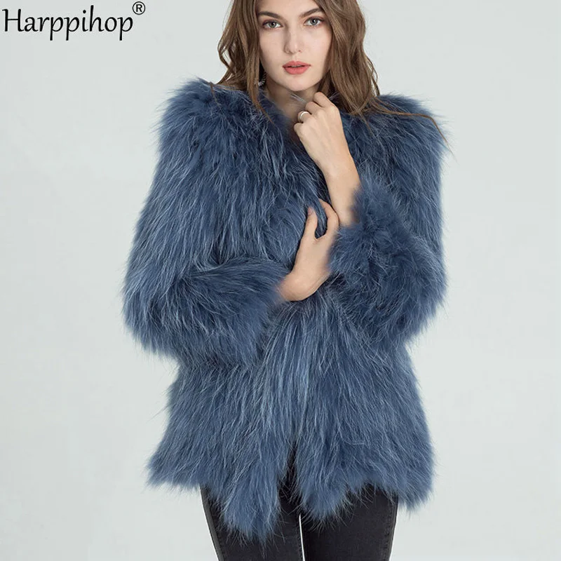 2019 autumn and winter new braid hair raccoon fur coat female long section fur coat young fashion 75cm long