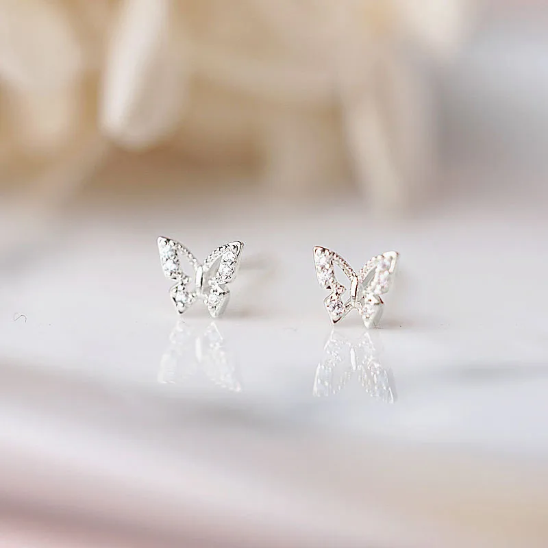 925 Sterling Silver Korean Exquisite Quality Inlaid Crystal Butterfly Stud Earrings Women Classic Daily Jewelry