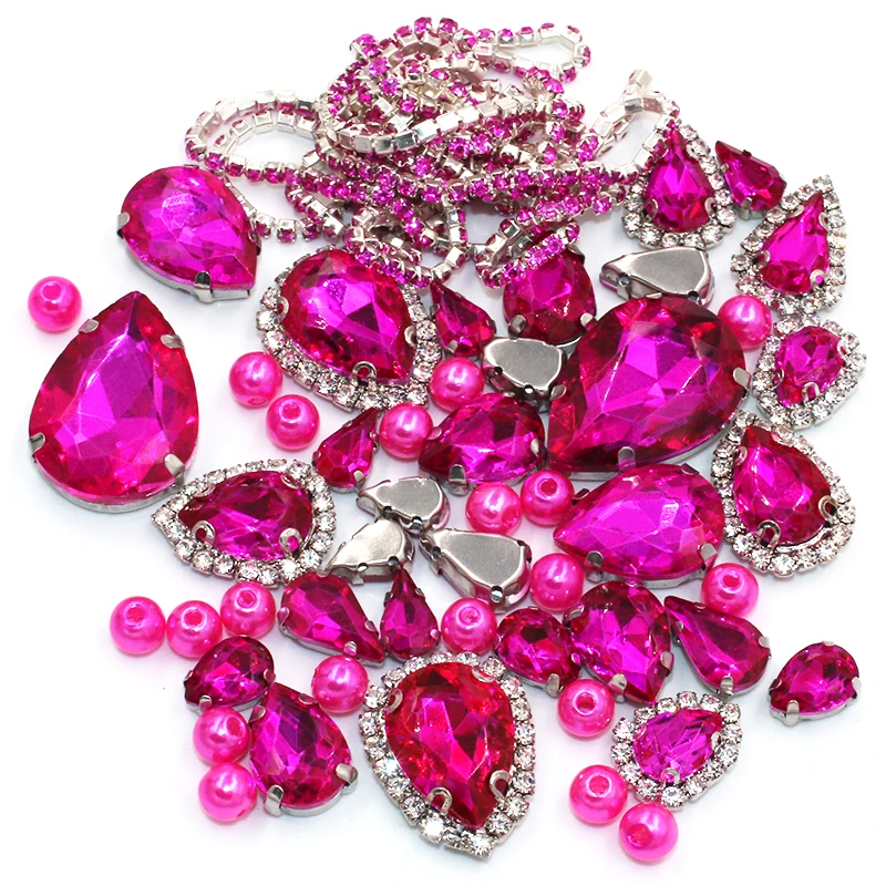 

Wedding Decoration Teardrop Rose red Mix Size Glass Crystal Stones Pearl Beads Chain Rim Rhinestones Blanching/Sew On Clothing