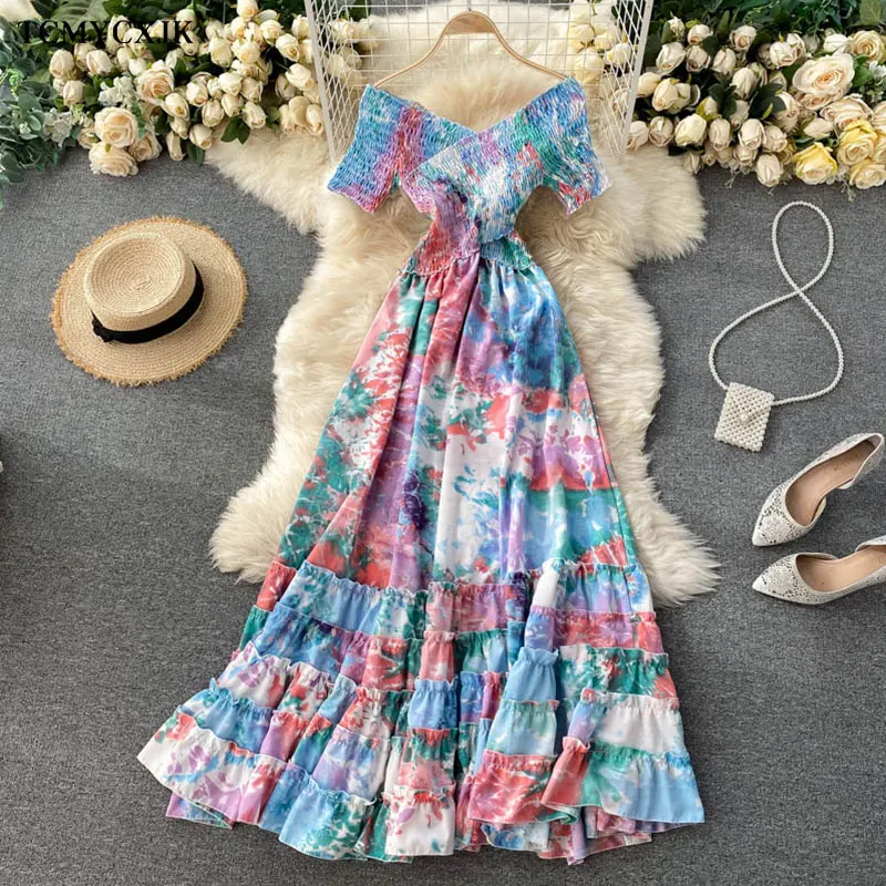 Bohemian Women Tie Dye Printed Short Sleeve Dress Women Summer Long Dress V-Neck High Waist Vacation Beach Ruffle Vestidos