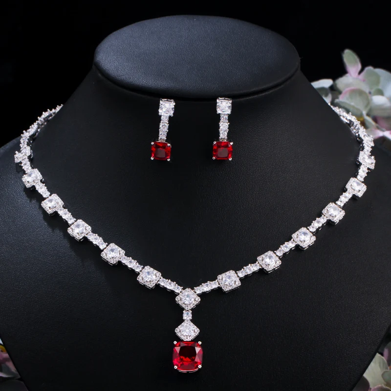 CWWZircons Chic Round and Square Cut Red Cubic Zirconia Women Wedding Party Jewelry Set Elegant Necklace Earring for Brides T454