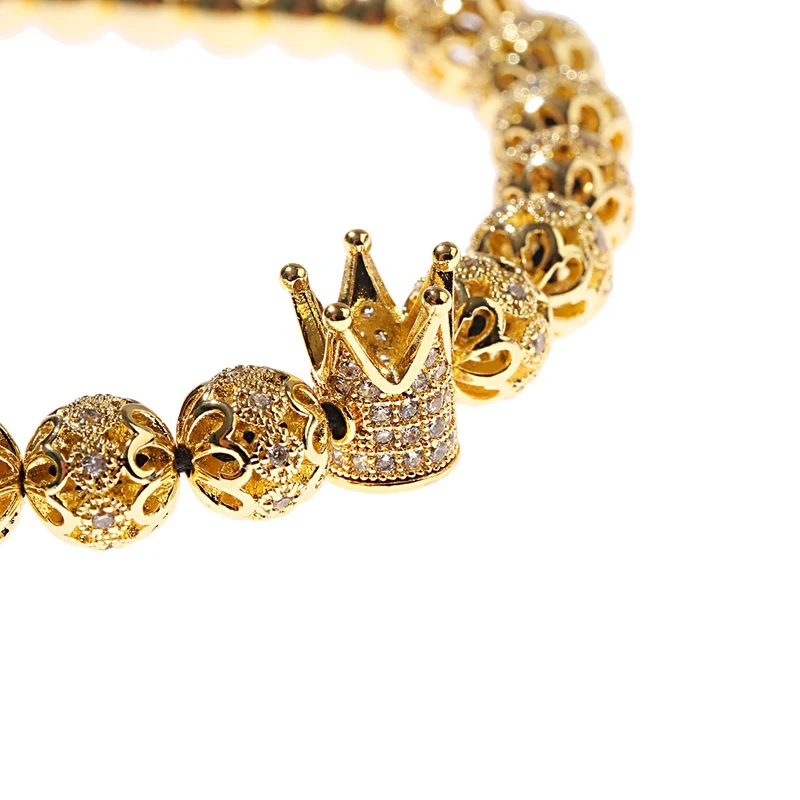 Luxury White CZ Crown Braided Bracelet Fashion Gold Color Carved Flower Copper Beads Bracelet Pulseira Masculina