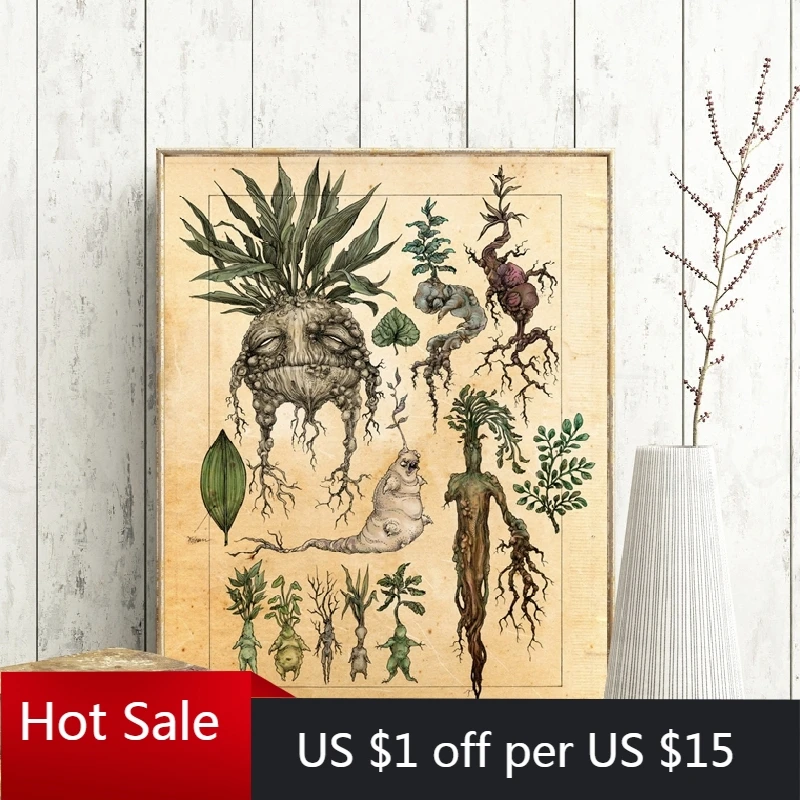 Harry Fan Art Illustration Cute Mandrake Plant Decor Canvas Painting Wall Picture Classic Movie Poster Kids Room Decor Wall Deco