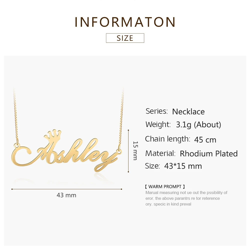 Customized Cursive Art Name Necklace with Crown Personalized Custom Letter Necklaces & Pendants Women Jewelry Gifts