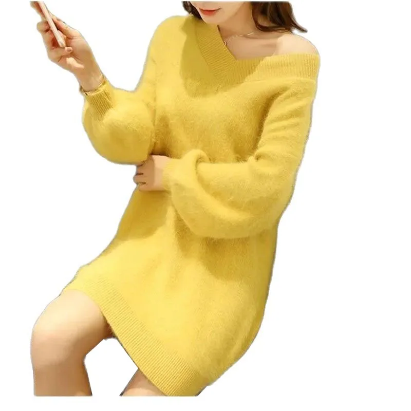 

Spring Autumn Knitted Sweater Ladies Jacket Imitate Mink Dress Female Hedging Loose V-Neck Fashion Mid-Long Women Base Shirt