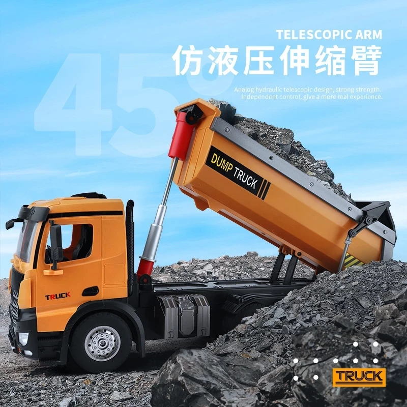 Simulation Hydraulic Telescopic Arm Remote Control Dump Truck 2.4G 4WD Rubber Tire Lighting Sound Free Lift Bucket RC Car Model