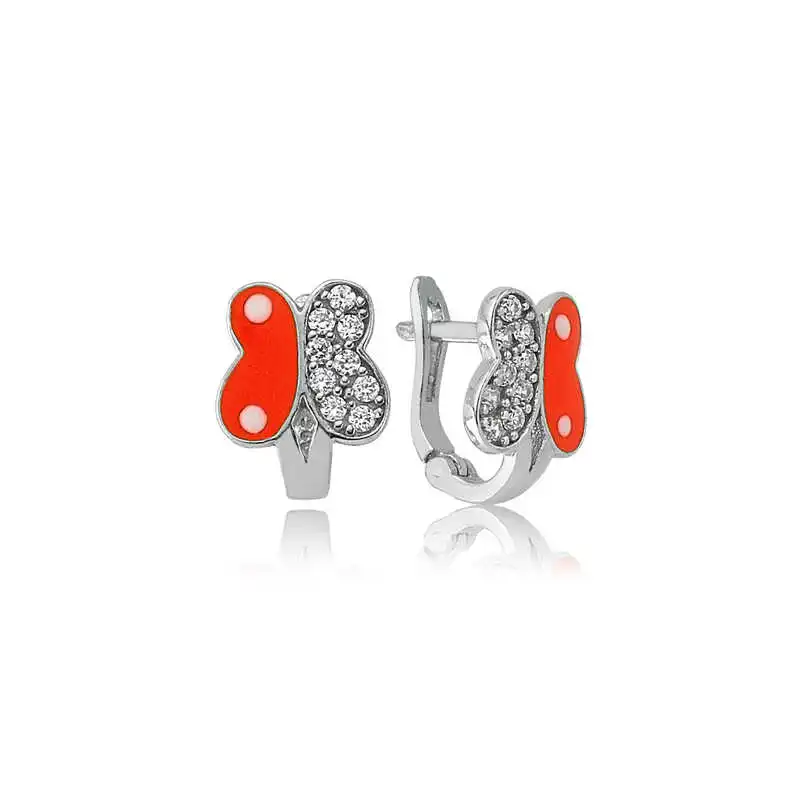 Silver Orange Butterfly Child Earring Zircon Stone 925 Sterling Women for Jewelry Wedding Party Birthday Gift - Box - Fashion Girl Accessories