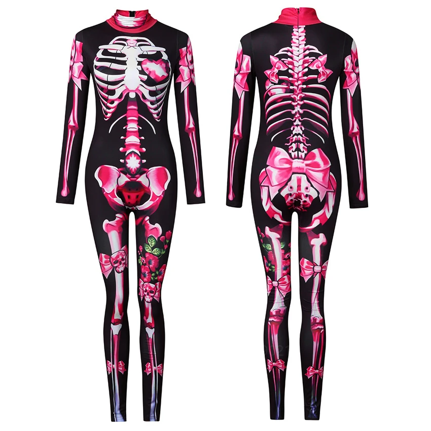 Halloween Costume Kids Women Adult Children Scary Devil of Dead Skeleton Print Jumpsuit Witch Cosplay Clothe Pink Carnival Party