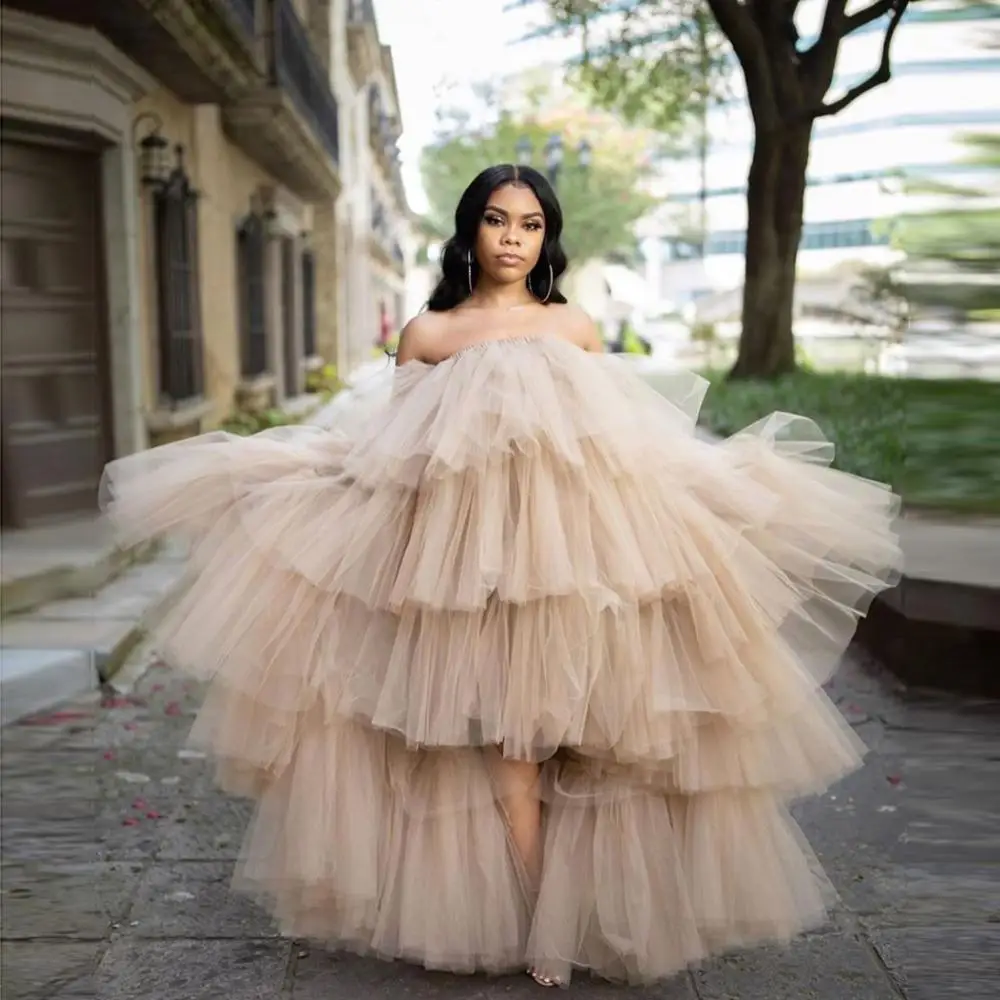 

Puffy Tiered Tulle Long Dress for Women Strapless Hi Low Ruffled Lush Woman Tutu Skirts Khaki Nude Party Night Dresses Custom