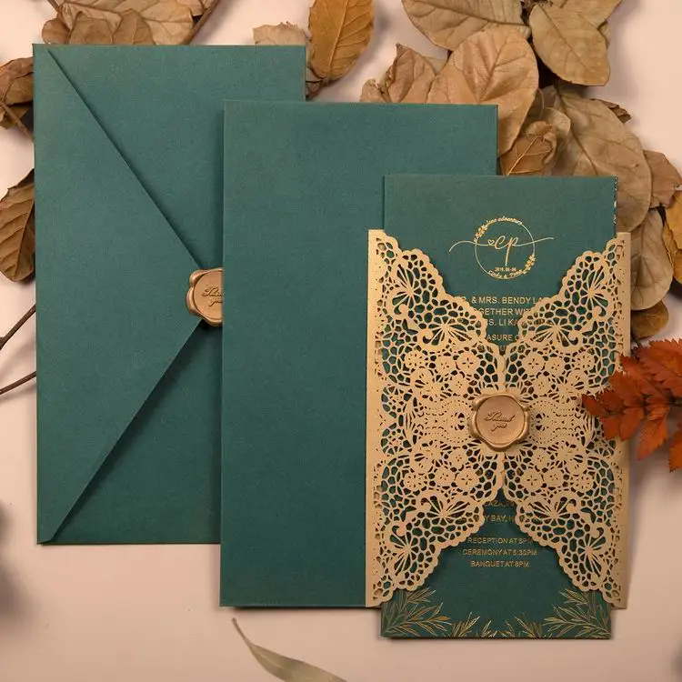 

50pcs Picky Bride Gold Laser Cut Invitations Foil Printing Wedding Invite with Jungle Green Envelope