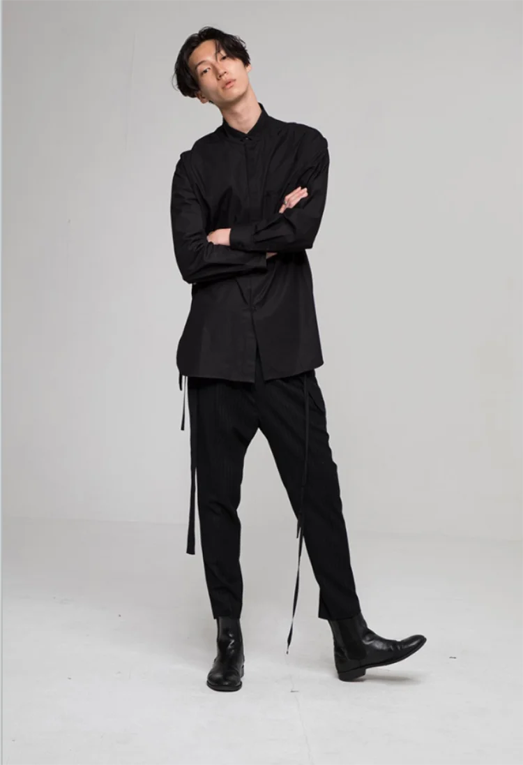 Men's Long Sleeve Shirt Summer New Stand Collar Bib Front Design Fashion Personality Stitched Cotton Black Long Sleeve Shirt