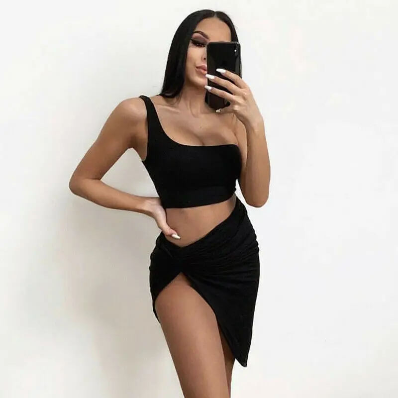 Summer Women One Shoulder Tank Top Short Skirt Set Female Fashion Club Party Beach Holiday Bodycon Two Piece Set Outfits 4Colors