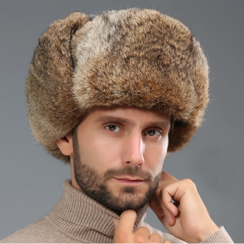 HT3262 Thick Warm Bomber Hat Men Real Rabbit Fur Earflap Trapper Russian Cap Male Plus Size Winter Hats for Men Ski Russian Hat