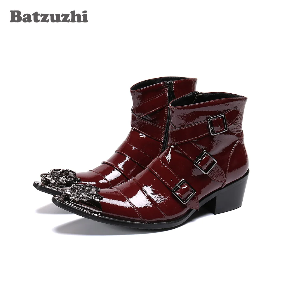 

Batzuzhi Fashion Rock Men's Leather Ankle Boots Pointed Toe 6.5cm Heels Motorcycle Boots Men Black/Wine Red PartyBotas Hombre