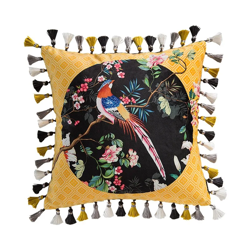 

New Chinese Style Throw Pillow Cover Decorative Square Pillow Case Flower And Bird Print 45x45cm Tassel Pillowcase LuxuryYellow