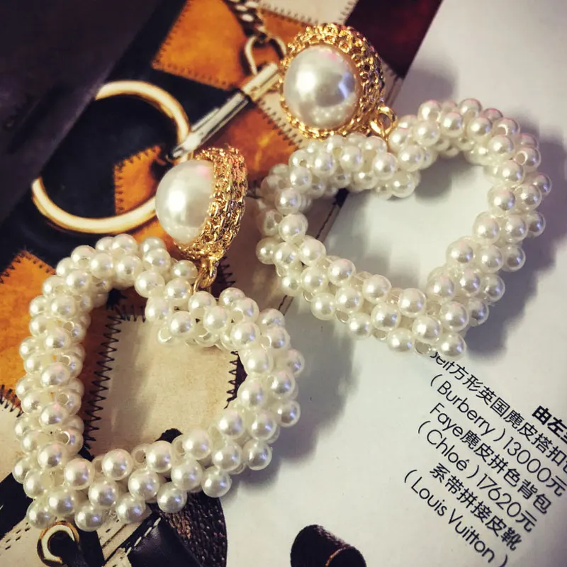 Fashion Luxury Brand Design Heart Earring Jewelry Handmade Pearls Heart-shaped Big Drop Earrings