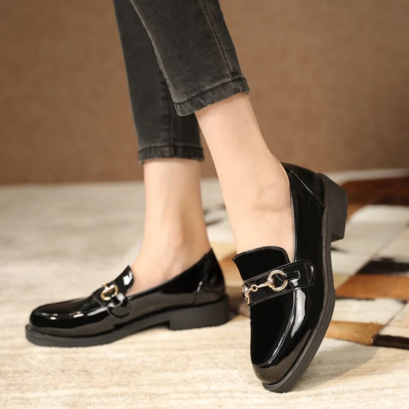 BLXQPYT 2021 Spring Autumn Mid Heel Casual Round Toe Plus Size 32-48 Leather Female British Style Thick Bottom Women's Shoes K12