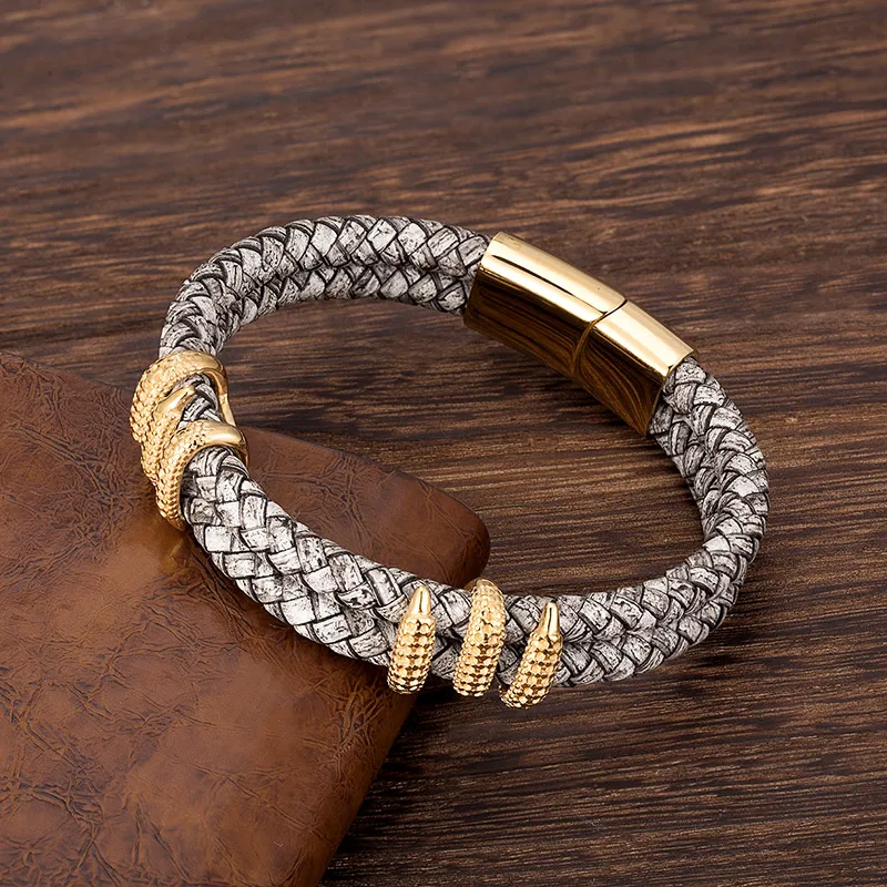 MKENDN Gothic Männer Vintage Grau Geflochtene Echtes Leder Armband Dragon Claw Homme Femme Armbänder Handgemachten Schmuck Pulseras – Detail 4