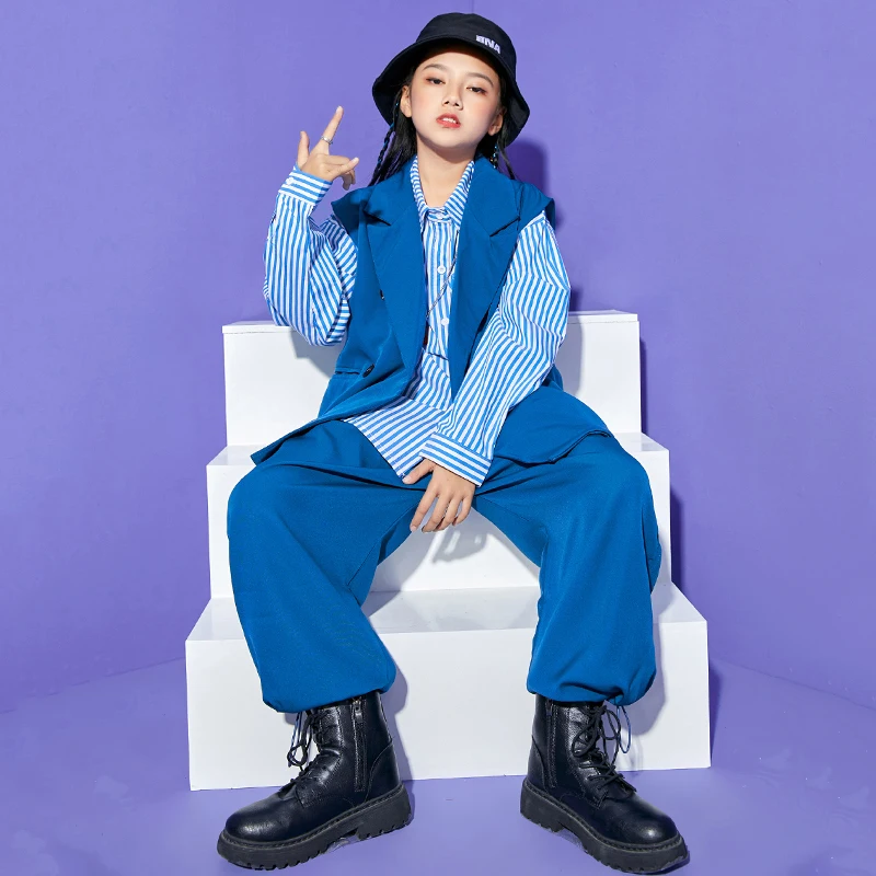 Children Jazz Costume Hip Hop Dance Clothes Girls Blue Vest Shirts Pants Long Sleeves Hiphop Suit Boys Concert Clothing BL7565