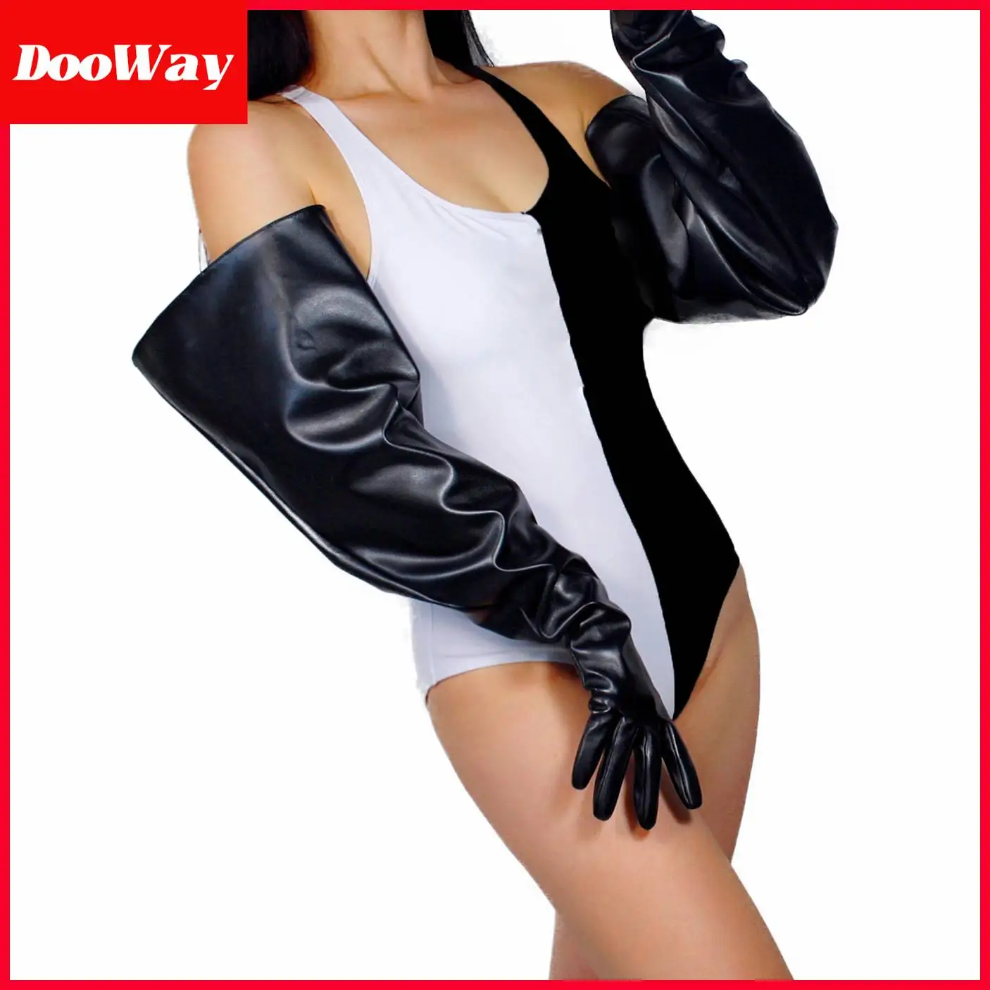 DooWay TECH Touchscreen Long Oversized Gloves Puff Sleeves Unisex Black Faux Leather 70cm Wide Balloon Large Stage Party Glove