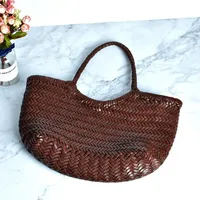 Diseñador tejido a mano de cuero genuino elegante ​ Bolsos de mano con asa para mujer, bolso Vintage de piel de vaca, bolso de hombro grande para mujer