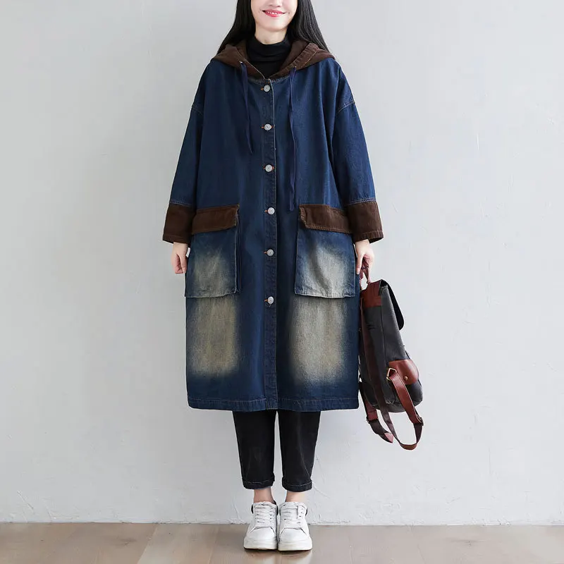 

Female new autumn and beiginning winter plus size outerwear retro washed long stitching corduroy hooded all-match loose trench