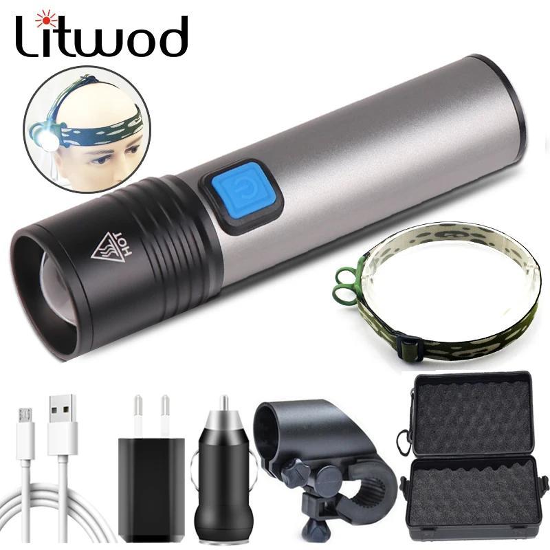 XM-L T6 USB Rechargeable LED Flashlight Camping Light Zoomable Torch Lithium Battery Waterproof with Built-in 1200mah LED Bulbs