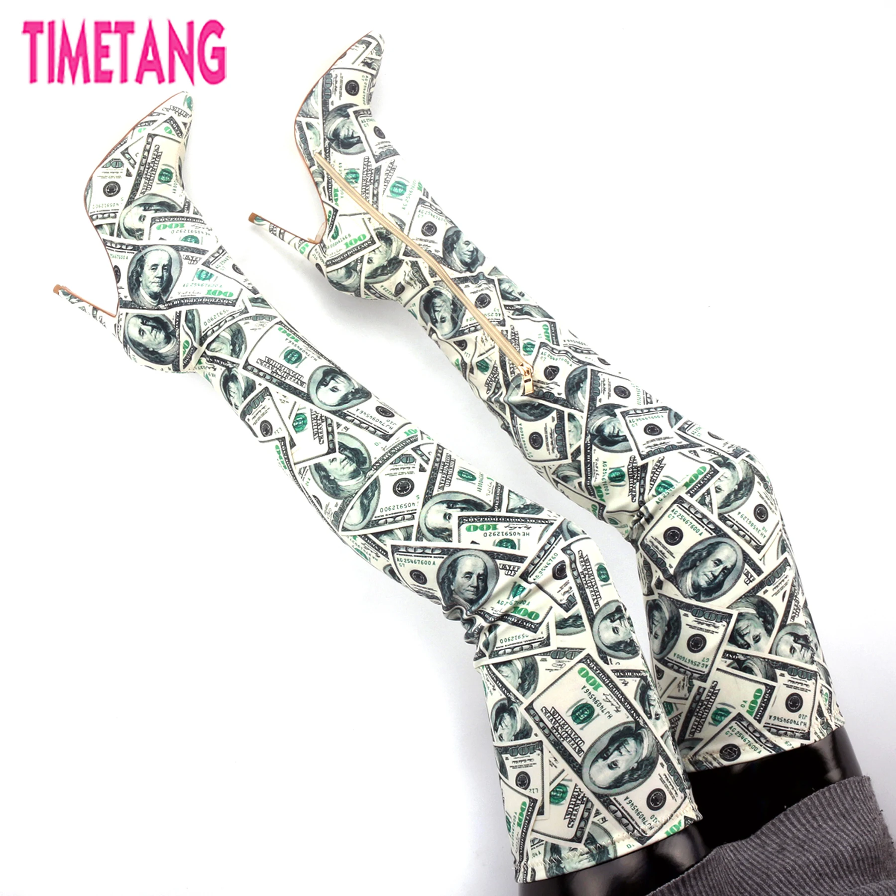 TIMETANG Fashion Women Boots Unique USA Dollars Paint Thigh High Long Boot Heels Over the Knee Ladies Shoes Rich Big Size