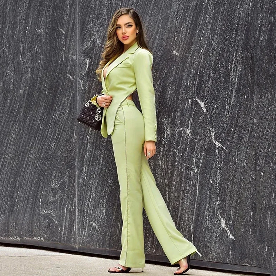 Seksowny dwuczęściowy zestaw damski ciężki przemysł ciężki niestandardowe złote łańcuszki Backless Blazer & Crystal zestaw spodni kobieta 2020 moda