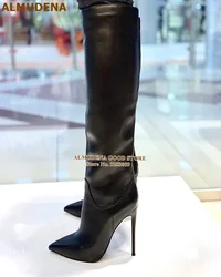 ALMUDENA Black Matte Leather Knee High Boots Stiletto Heels Slim Fit Long Boots Women Tall Boots Gladiator Dress Shoes Dropship