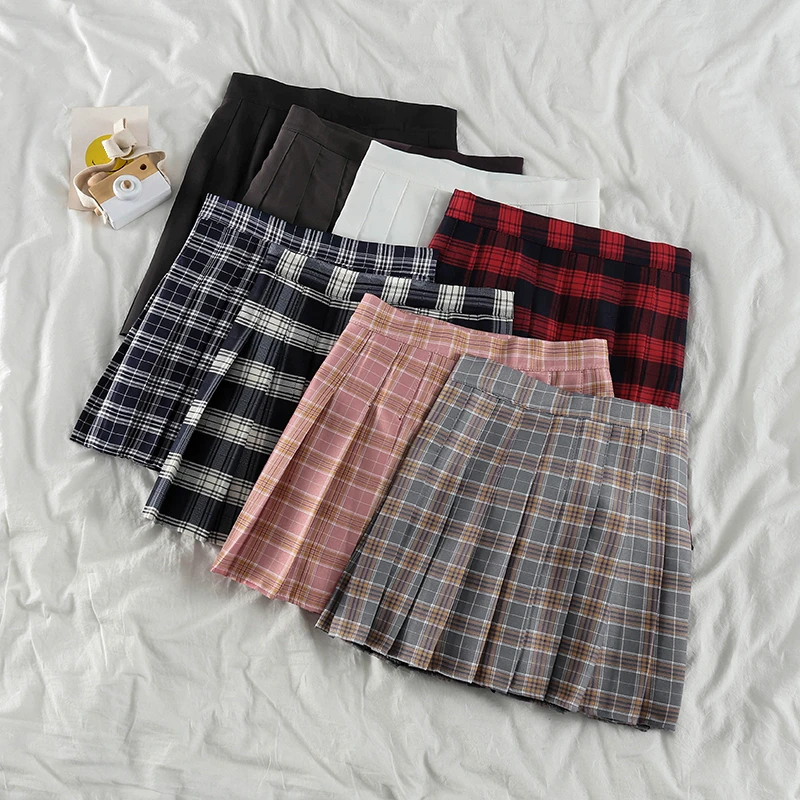 

Summer Vintage Plaid Korean High Waist Mini A-Line Pleated Skirt Casual Female Students School Uniform Empire Above Knee Skirts