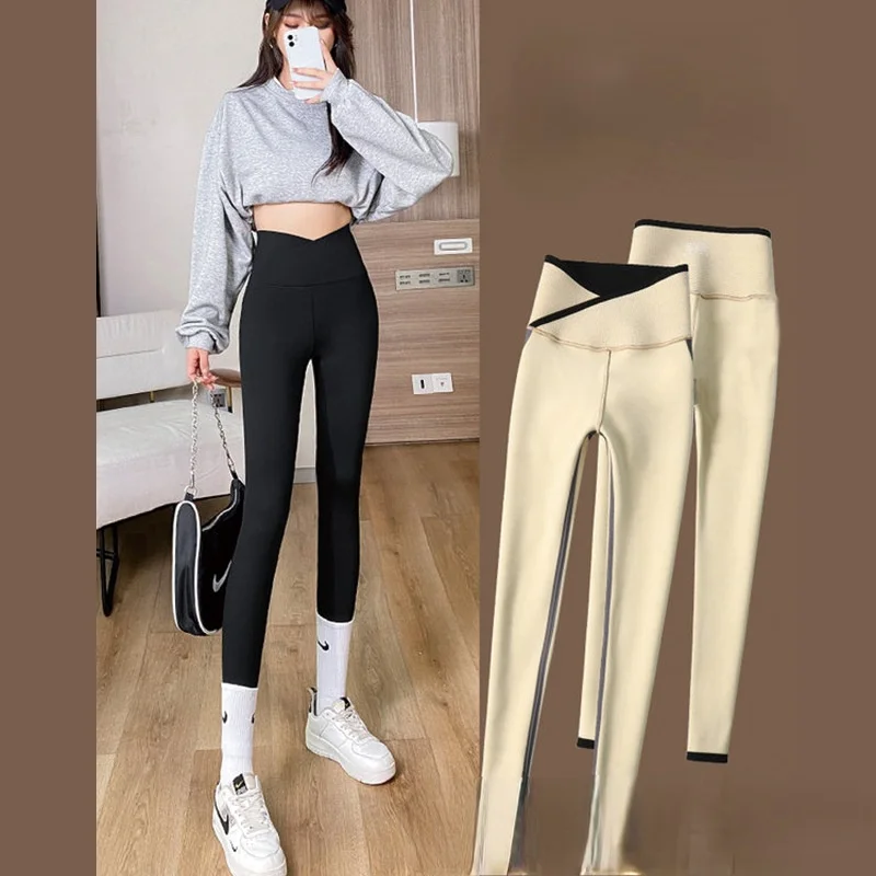 Thickened Shark Skin Leggings for Women, Cross High Waist, Hip Lifting, Belly Closing, Yoga Pants, Autumn and Winter Wear