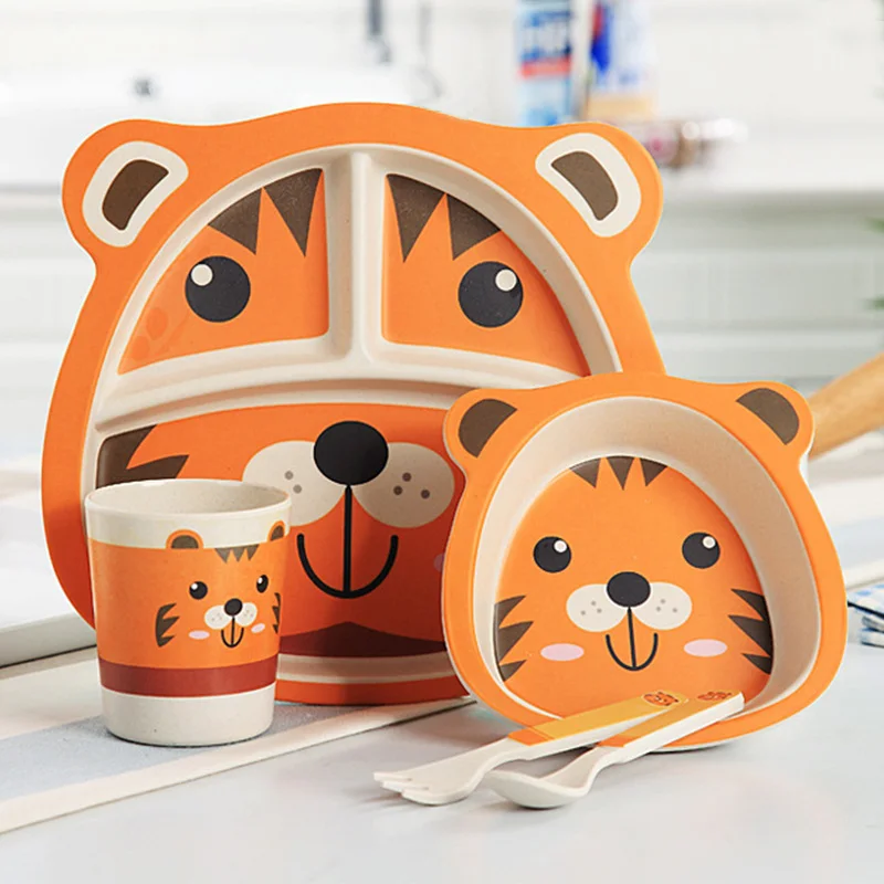 

5pcs/set Baby Dish Training Tableware Children Cute Cartoon Feeding Food Dishes Kids Dinnerware with Bowl Cup Spoon Fork Plate