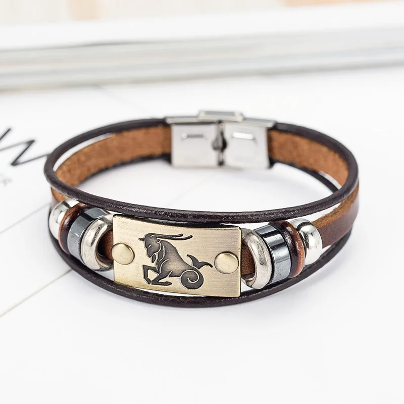 Drop Shipping Hot Fashion 12 Zodiac Signs Bracelet for Men Women Stainless Steel Clasps Genuine Leather Bracelet Men Jewelry