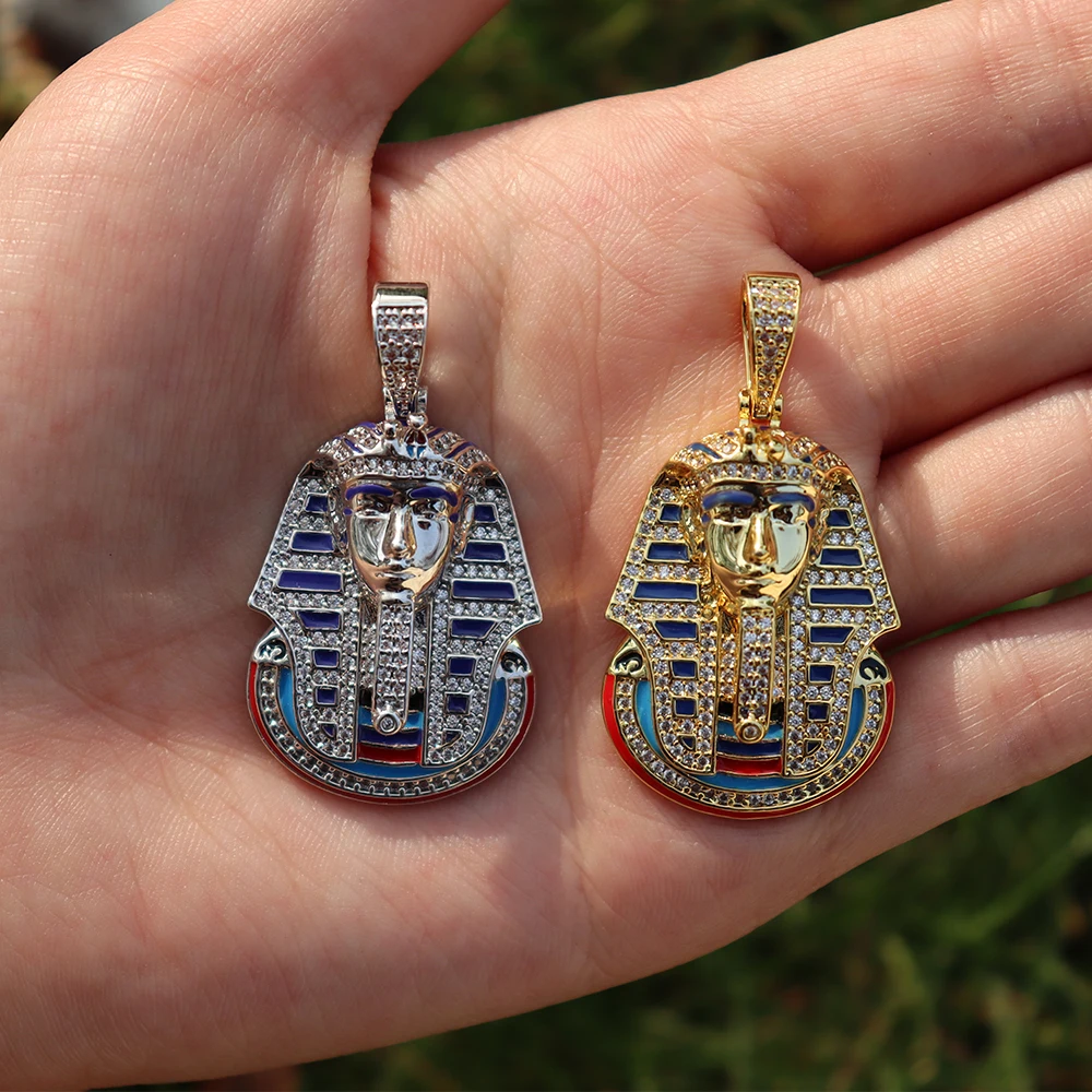 D&Z New Iced Pharaoh Pendant & Necklace Iced Out Cubic Zircon Stones Gold Silver Color Hip Hop Charm Necklace Jewelry Gift