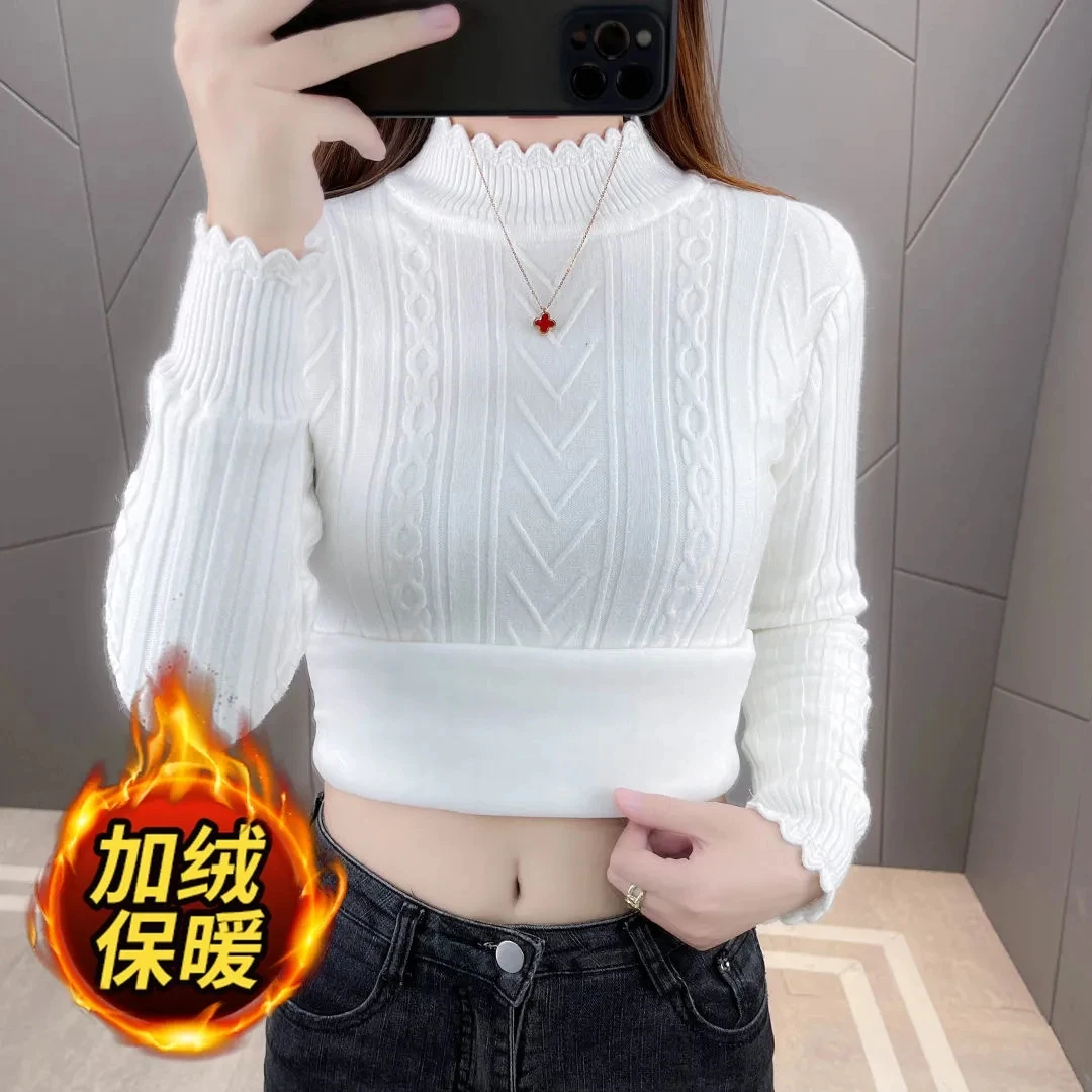 Autumn Women Sweater Pullover New Long Sleeve Knitwear Winter Fleece Warm Half Turtleneck Knit Sweater Jumper Base Shirt Female