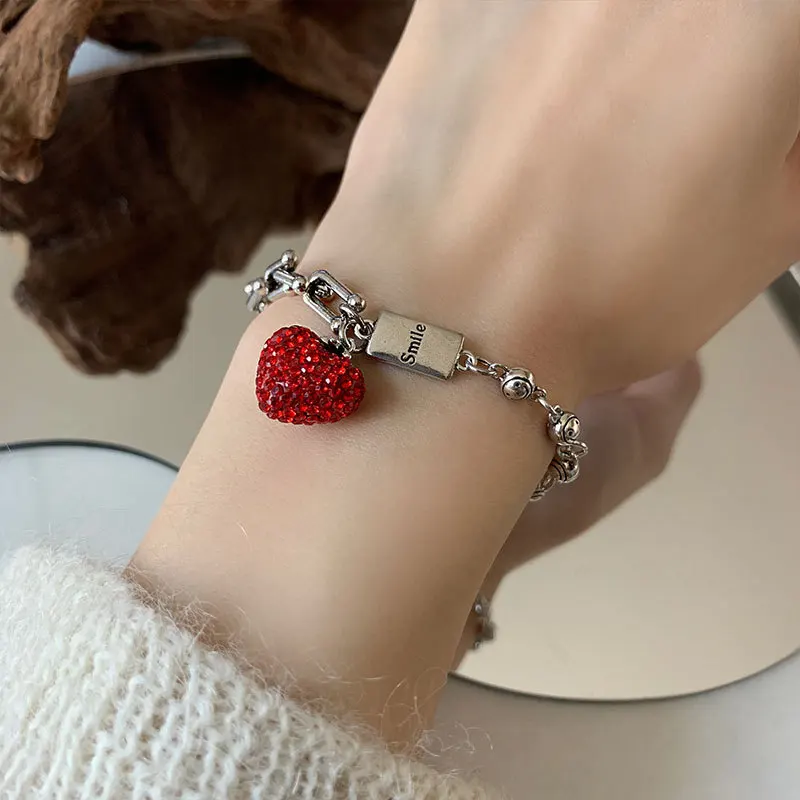 VENTFILLE 925 Sterling Silver Fashion Strawberry Crystal Bear English Tag Bracelet Women's Cold Wind Light Luxury Jewelry - Detail 1