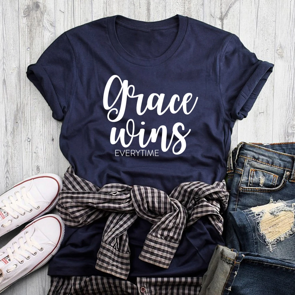 Grace Wins Everytime 100%Cotton T-shirt Unisex Religious Church Christian Tshirt Casual Women Jesus Faith Top Tee Drop Shipping