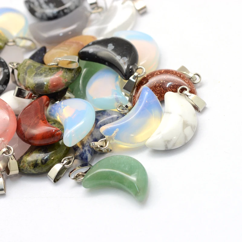 50pcs Mixed Stone Moon Pendants for Bracelets Necklace Jewelry Making,with Tone Brass Findings 21~24x12~14x5~6mm F80