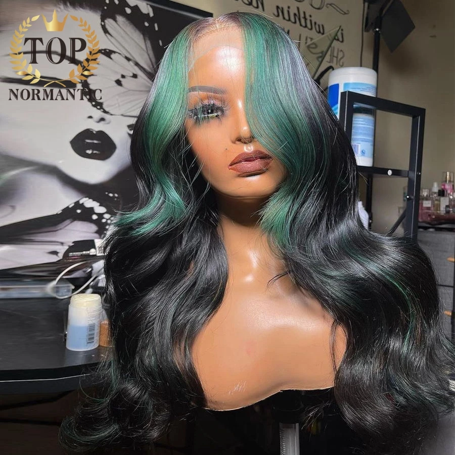 Topnormantic 13x6 Lace Front Body Wave Wigs Preplucked 4x4 Closure Remy Brazilian Human Hair Highlight Green Color Wig for Women