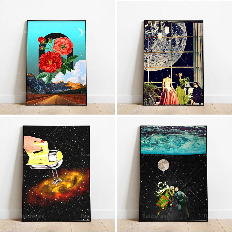 Collage art, Vintage collage art, Old fashioned art, surrealism, magic, retro moon, vintage, Retro, poster, wall art, printable