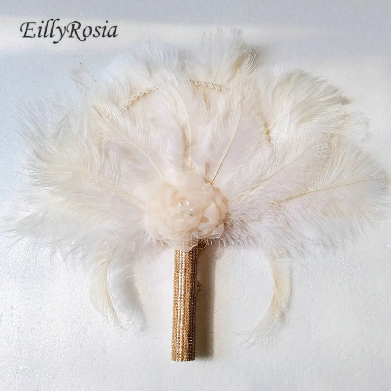 Ostrich Feather Fan with Brooch Bouquet Sequined Peacock Feather Wedding Fan for Bride Retro 1920\'s The Great Gatsby Masquerade