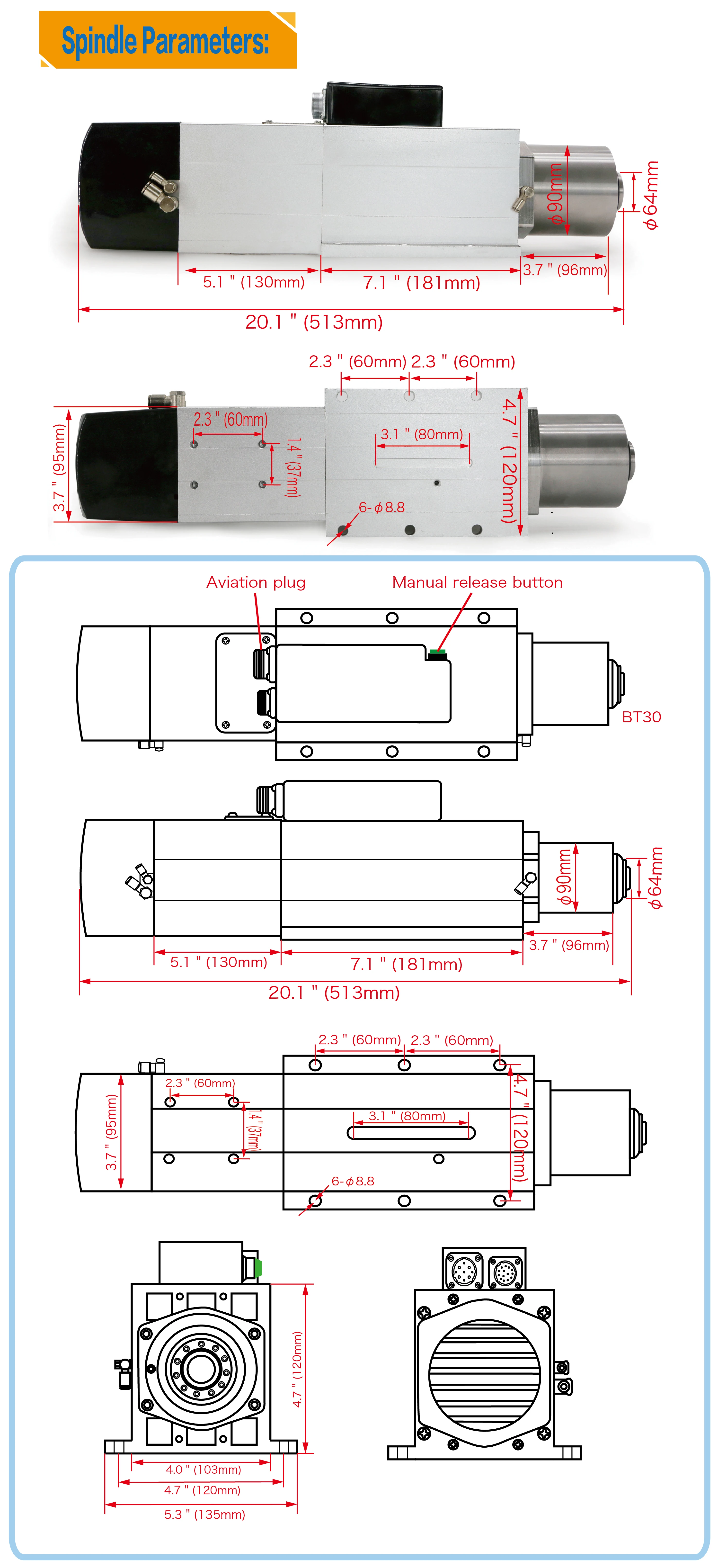 【Stock in EU / US】CNC BT30 ATC air cooled spindle motor 4.5KW 24000RPM 220V / 380V Automatic Tool Changeable spindle