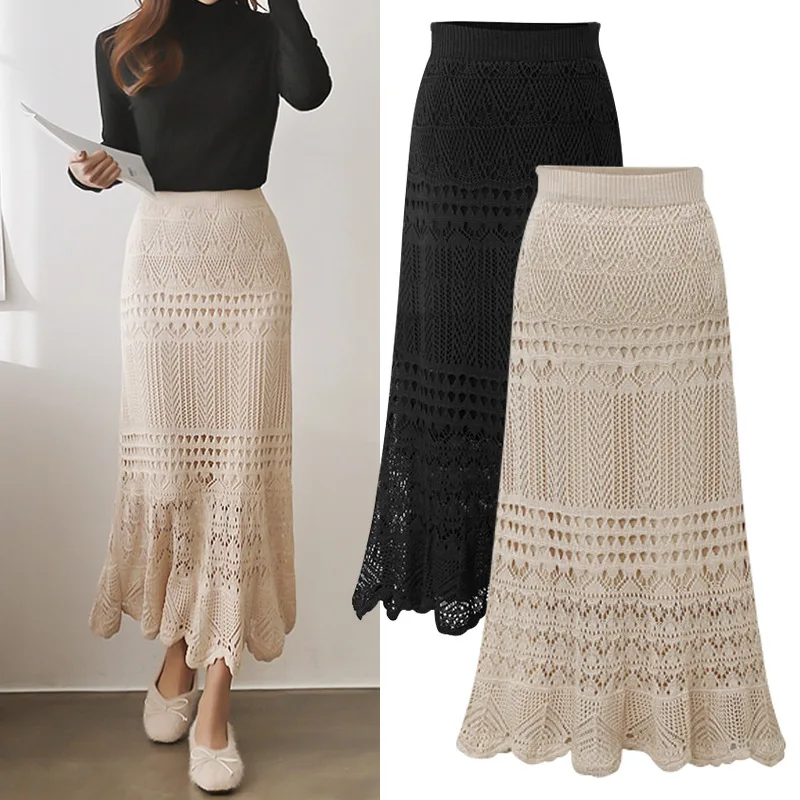 Korean 2024 New Women Knitting Long Skirts High Waist Flower Hollow Knitted Female Classic Loose Large Long Skirt