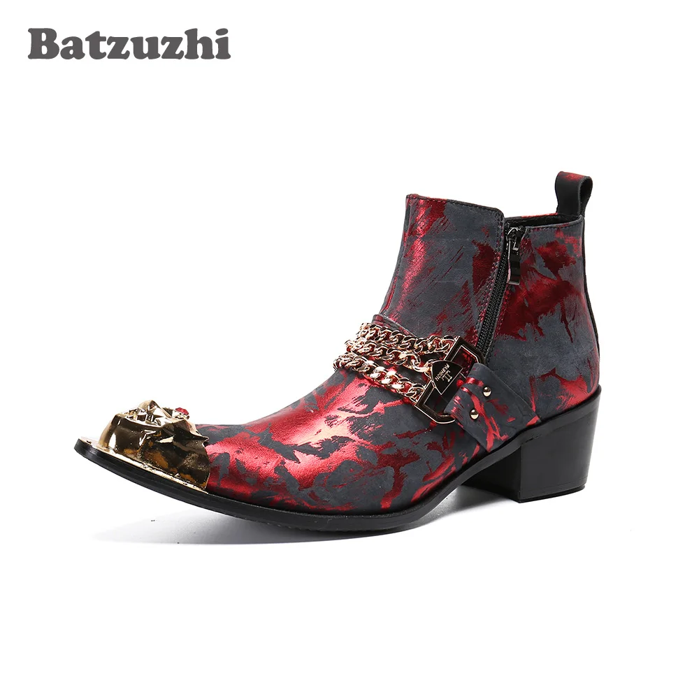 

Batzuzhi Formal Leather Ankle Boots Men Punk Men's Boots Golden Pointed Metal Tip Wine Red Party and Wedding Motorcycle Boot Men