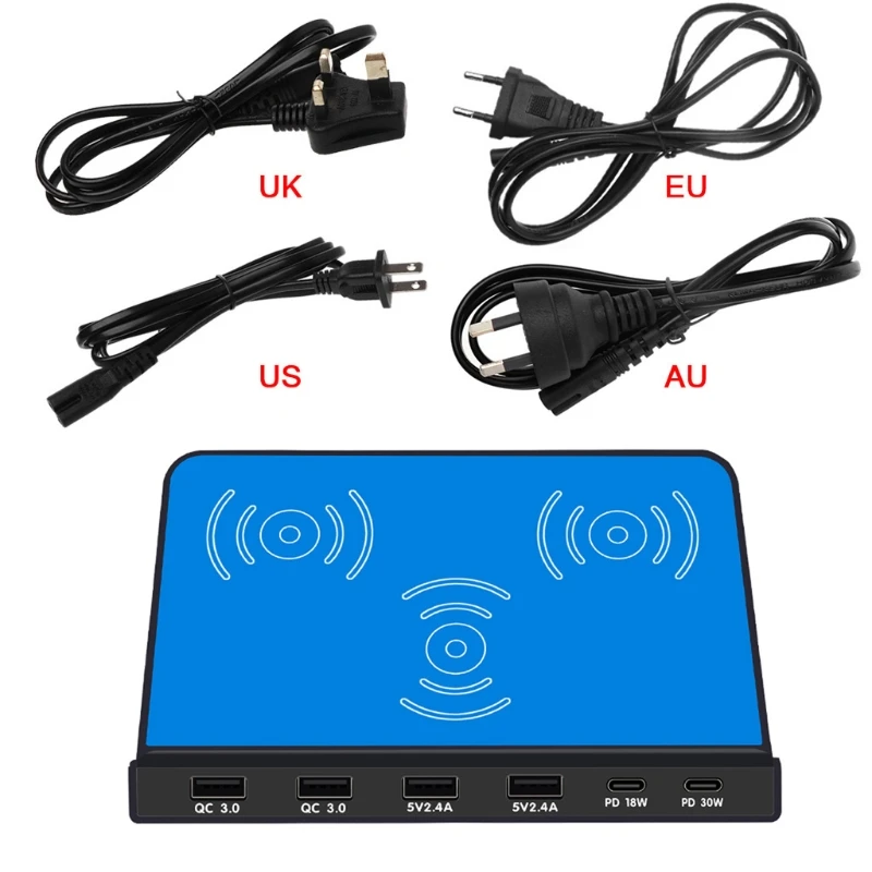 

New Universal 6Ports 30W Type C PD QC3.0 USB Fast Charger 10W Dual Wireless Charger Station Stand for Laptop Cellphone Tablet