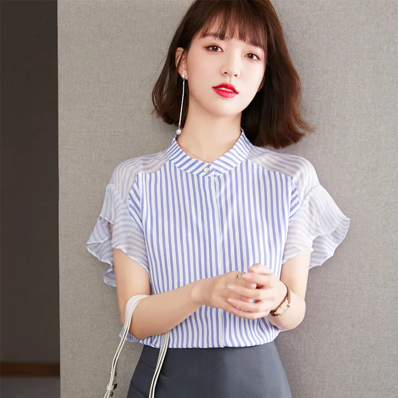 

Summer Fashion Women Blouses 2021 Striped Chiffon Blouse Short Sleeve Top Shirt Loose Women Tops