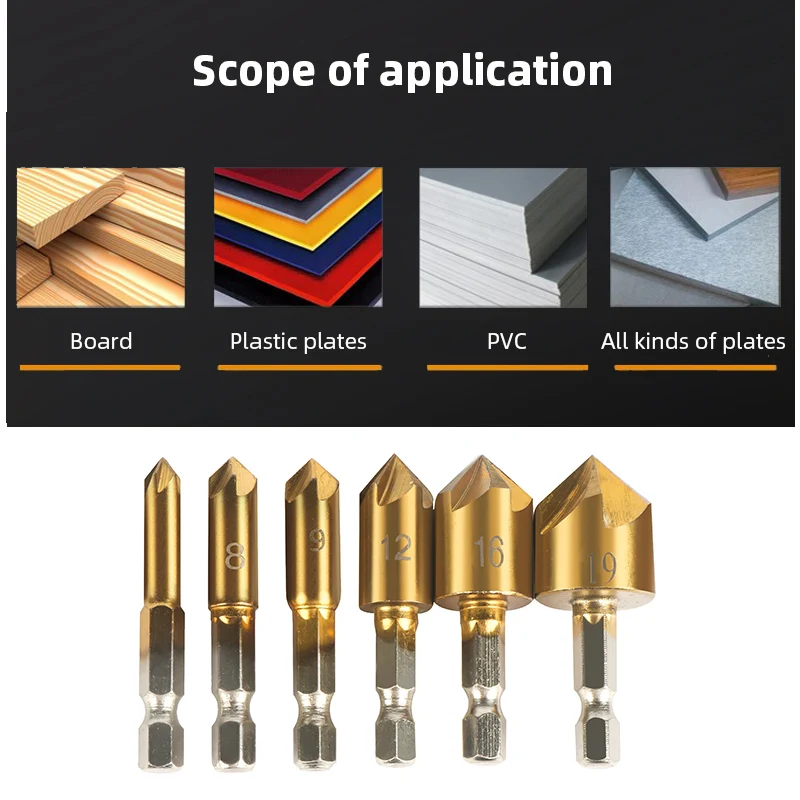 3-6PCS/Set HSS Chamfer Countersink Chamfer Drill Bit 1/4" Hex Shank  Wood Chamfering Cutter Power Tool Accessories 6mm-19mm